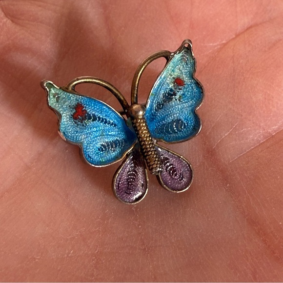 Antique Jewelry - Antique 800 silver deco Filagree blue plique-a-jour Enamel tiny Butterfly brooch